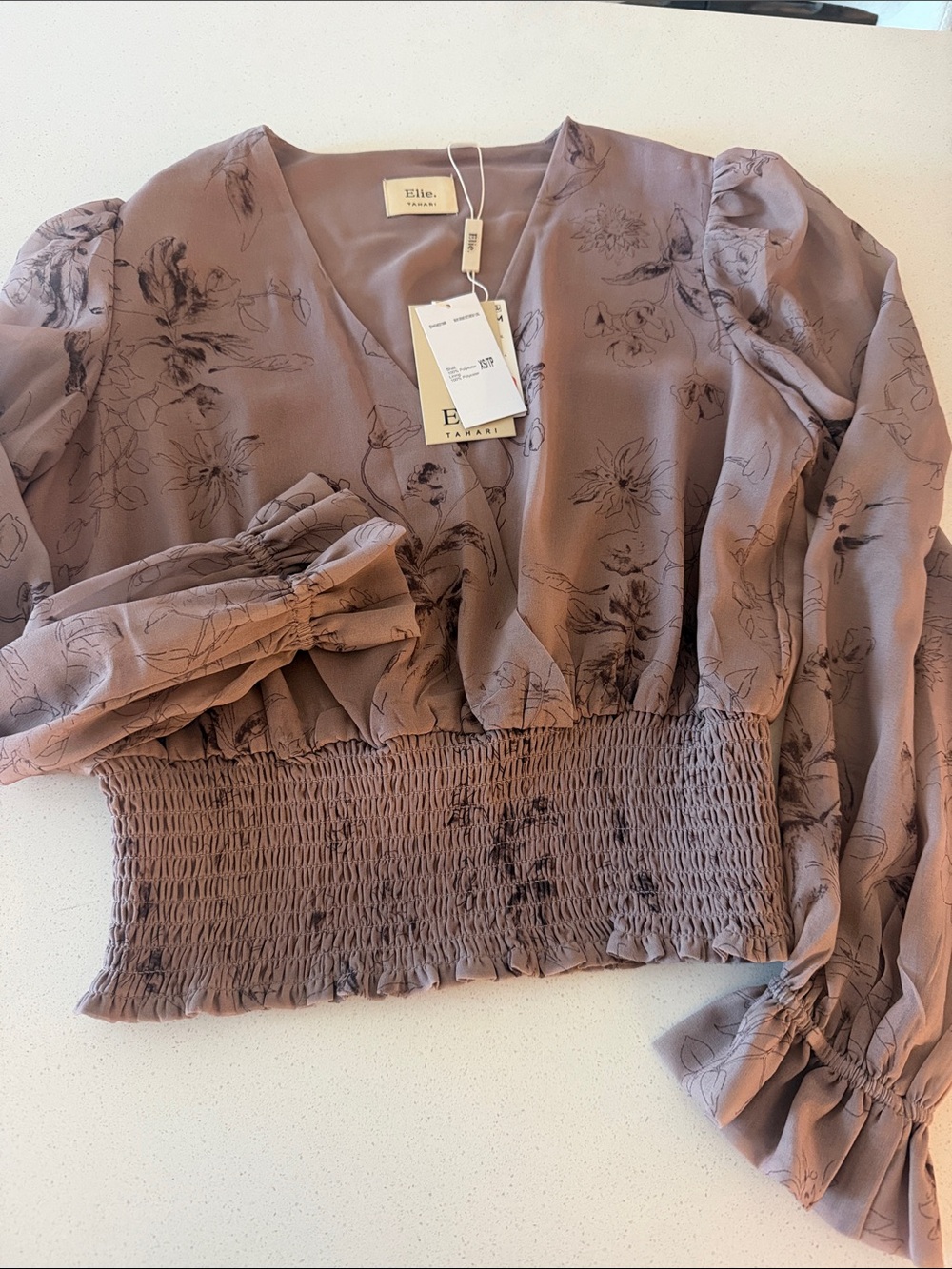 NWT Elie Tahari Dusty Mauve Floral Smocked-Waist Crop